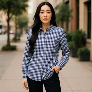 NEW UNTUCKit Gingham Button Up Shirt Size 2 Blue White Cottagecore Preppy Cotton